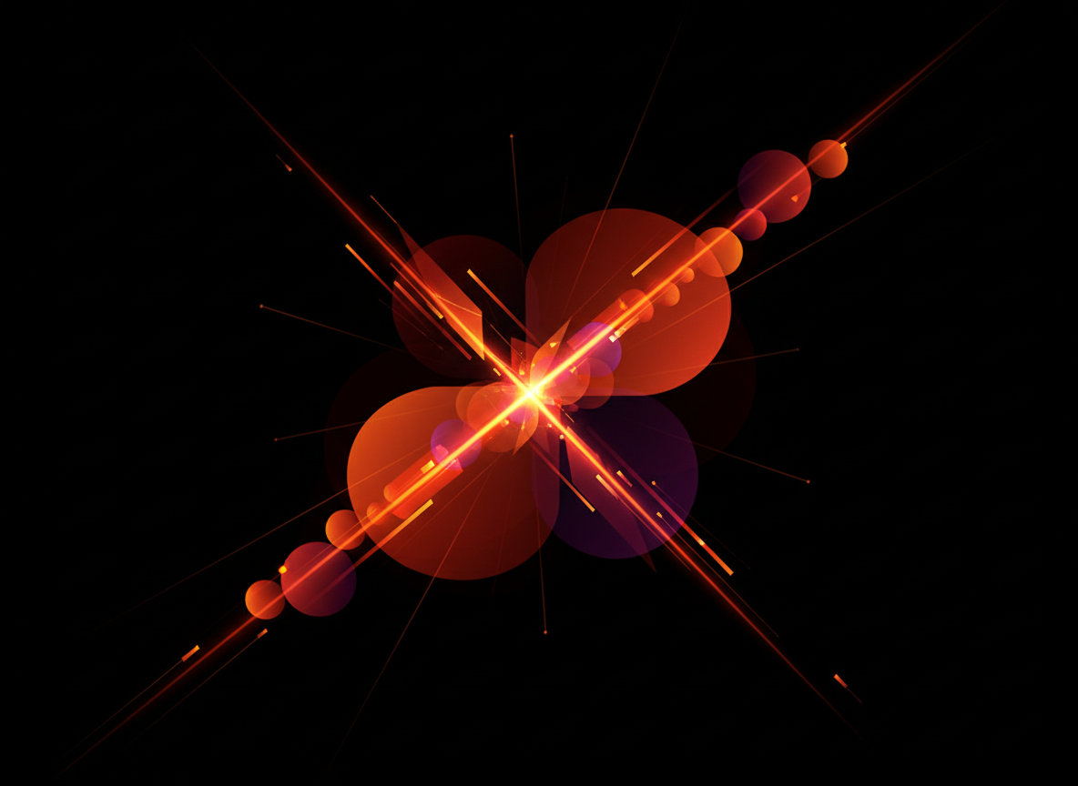 Bold abstract dark composition with vivid orange light streaks on a deep black background
